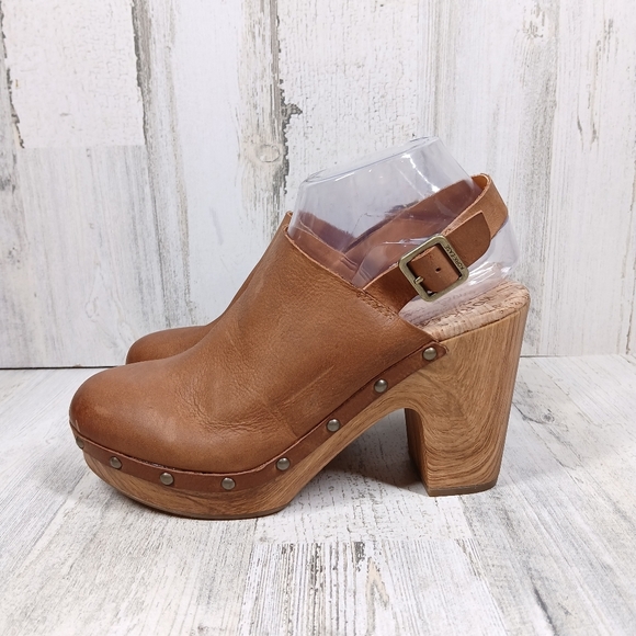 New Kork Ease Darby Brown Leather Studded Slingback Block Heel Clogs #1237
